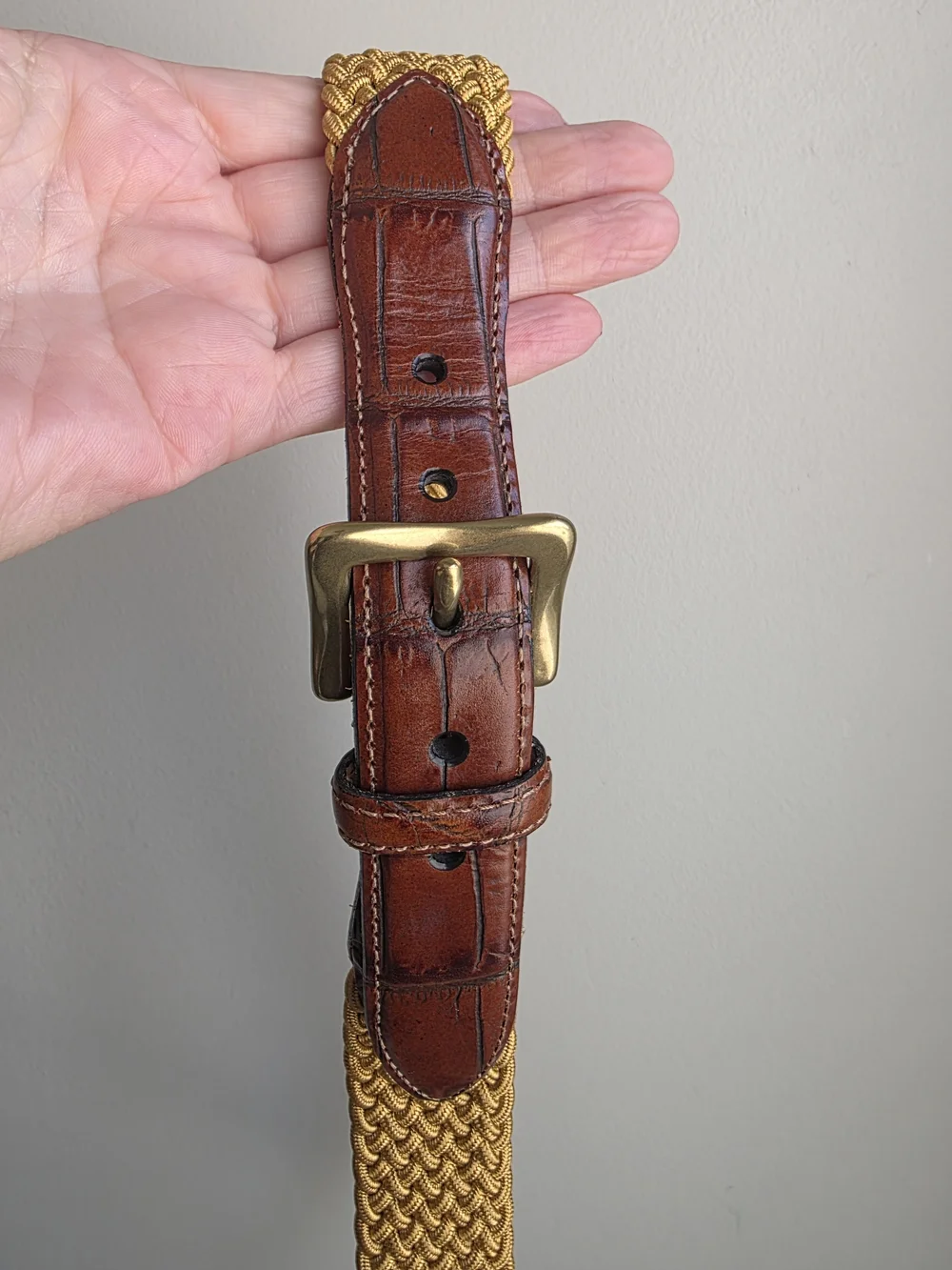 Martin Dingman Gold Woven Stretch Leather Trim Belt Size 42 Hand Made USA
